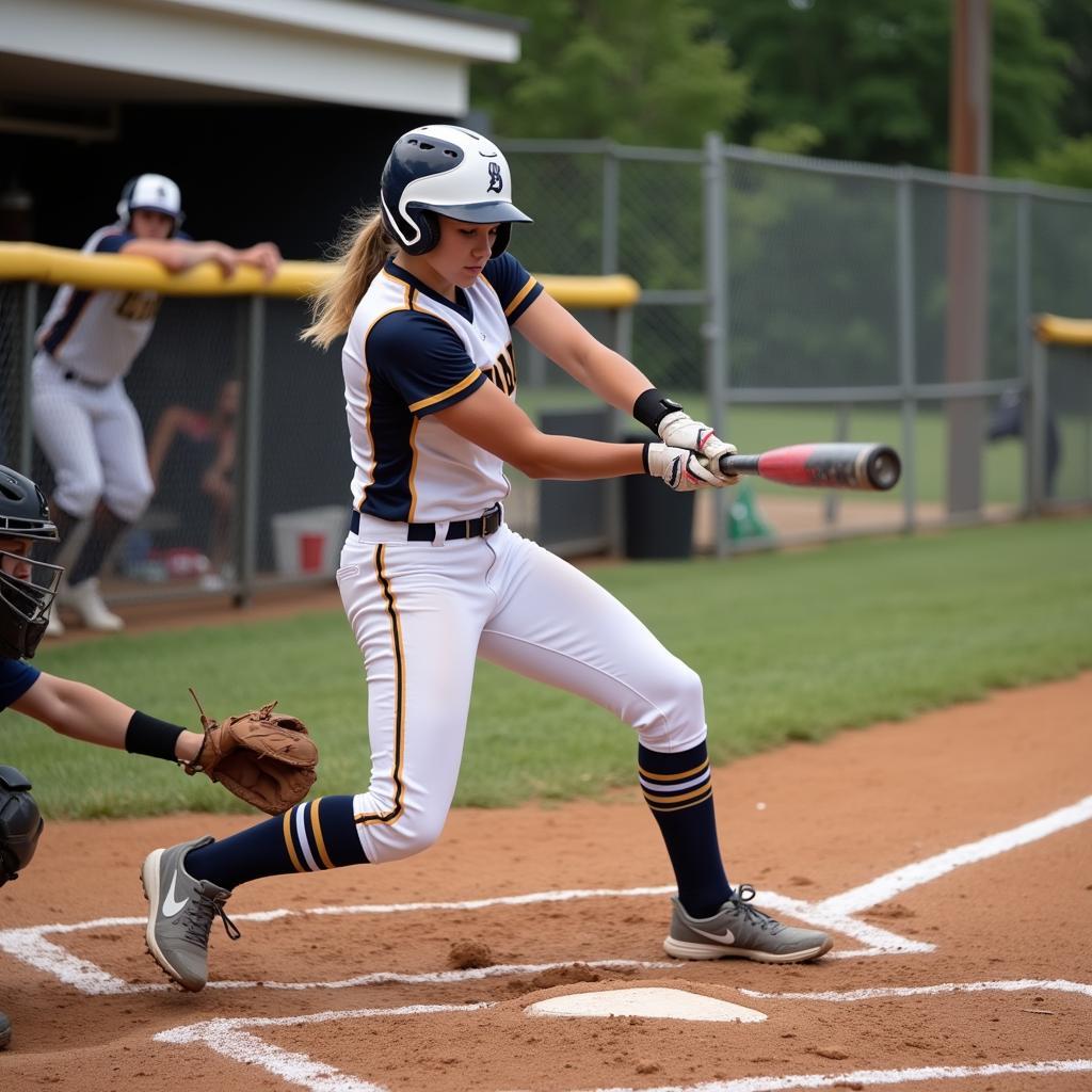 A softball player confidently swinging the bat at home plate