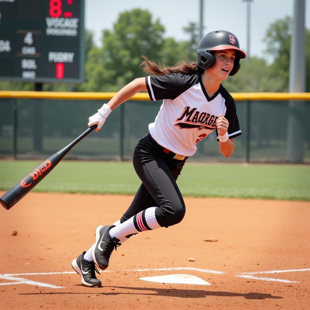 A softball player celebrating a home run hit with a 2 5 8 USSSA bat