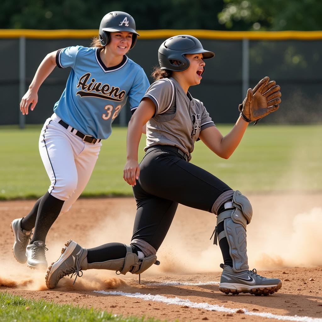 Softball Player Sliding into Base