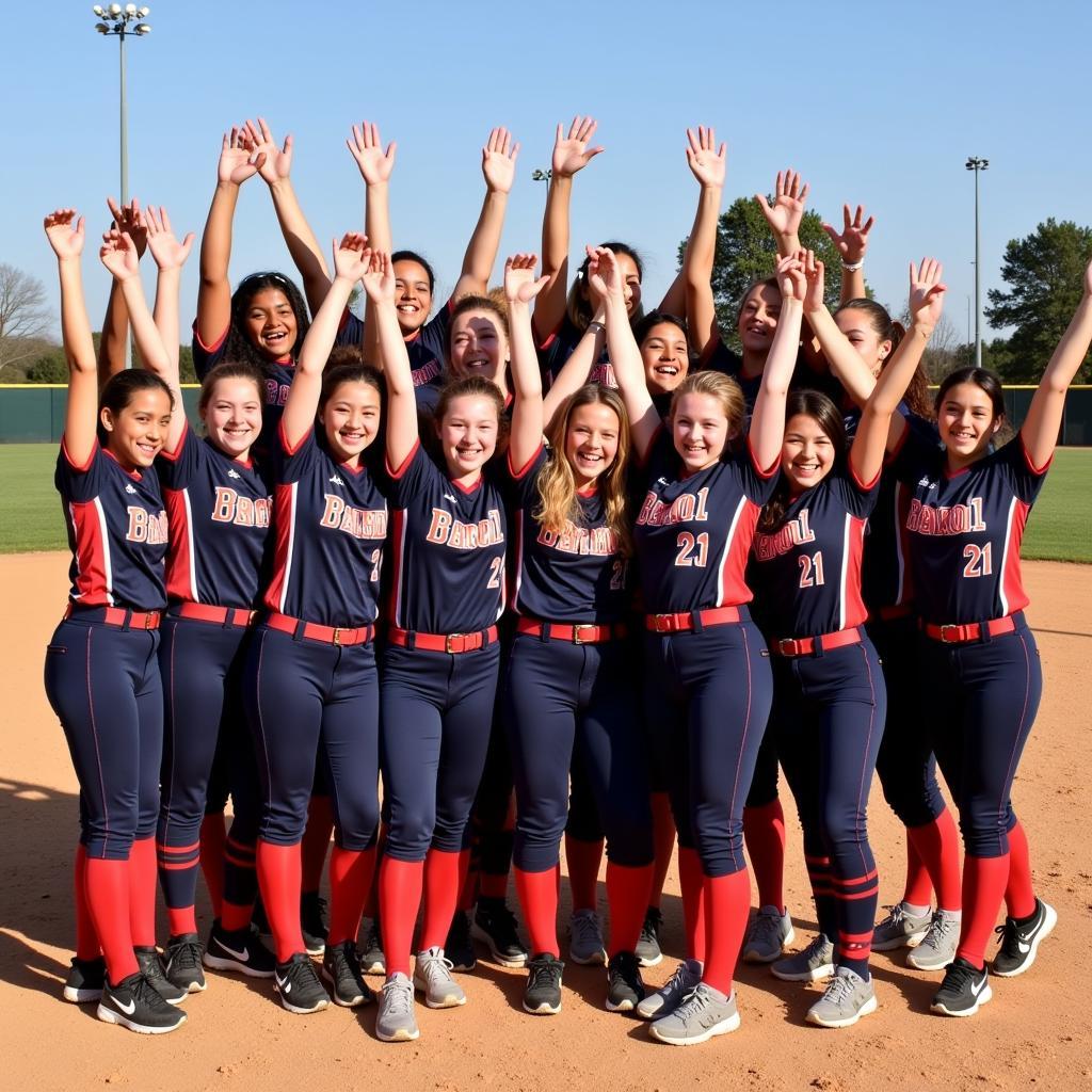 A softball team celebrating a victory with high fives and smiles