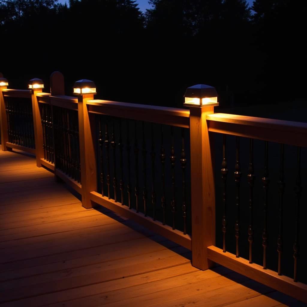 Solar deck post caps illuminating a deck at night