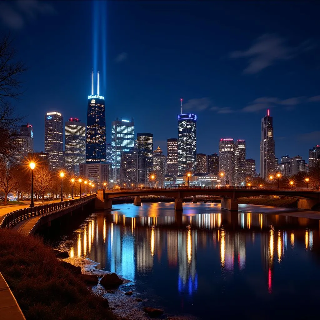 Chicago skyline at night with the iconic buildings lit up