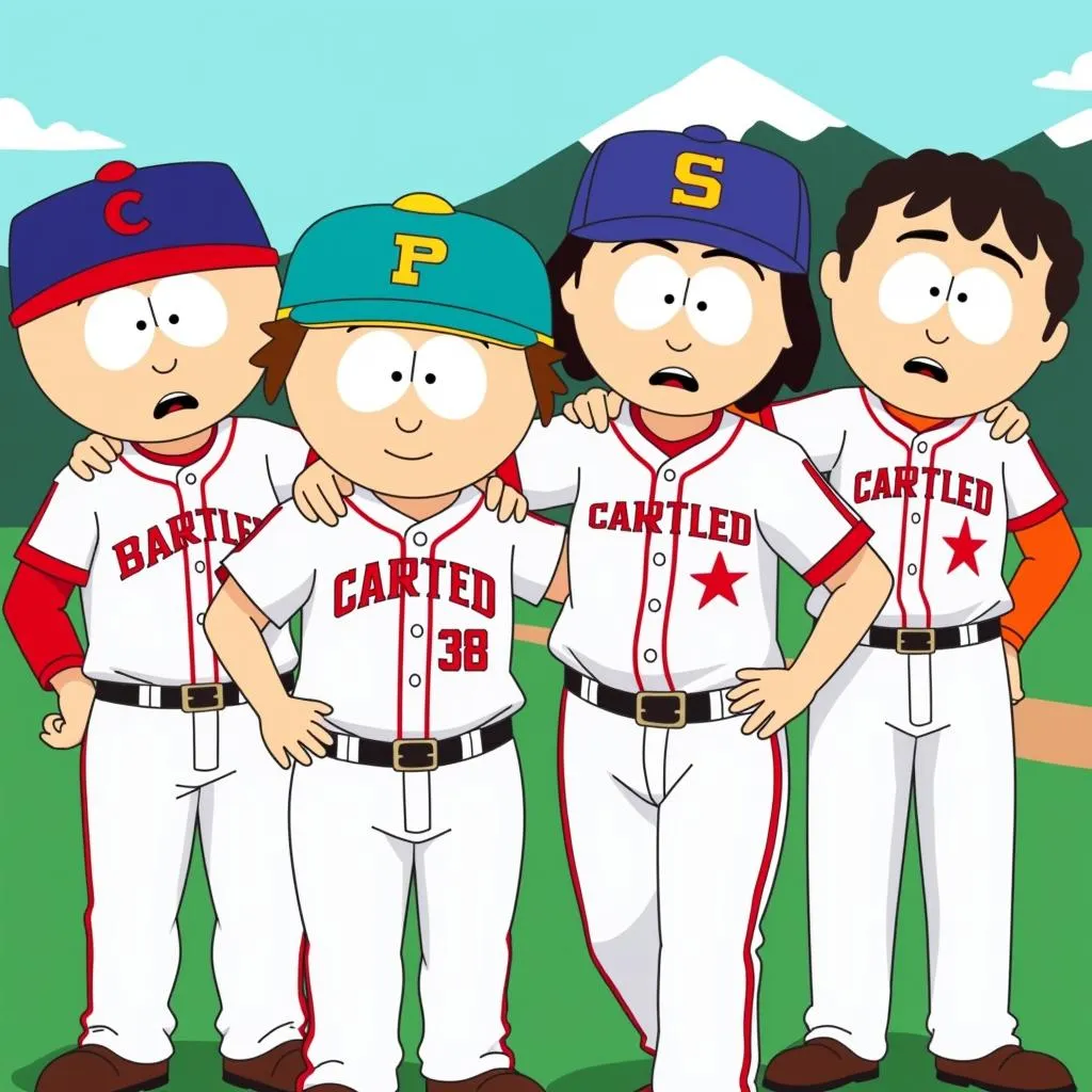 Main characters from South Park in their baseball uniforms