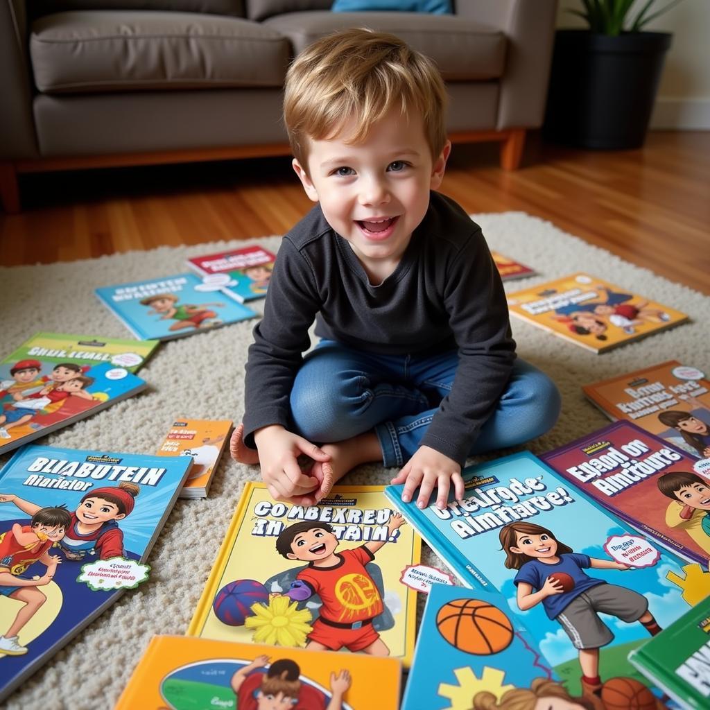 A child browsing a selection of Sports Illustrated Kids books.