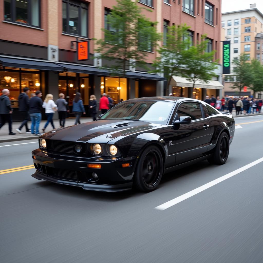 A sleek black sedan driving down a city street