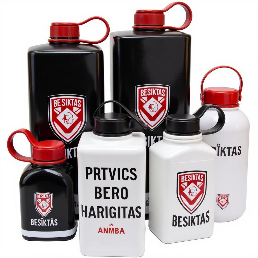 A variety of square water bottles in Beşiktaş's black and white colors.