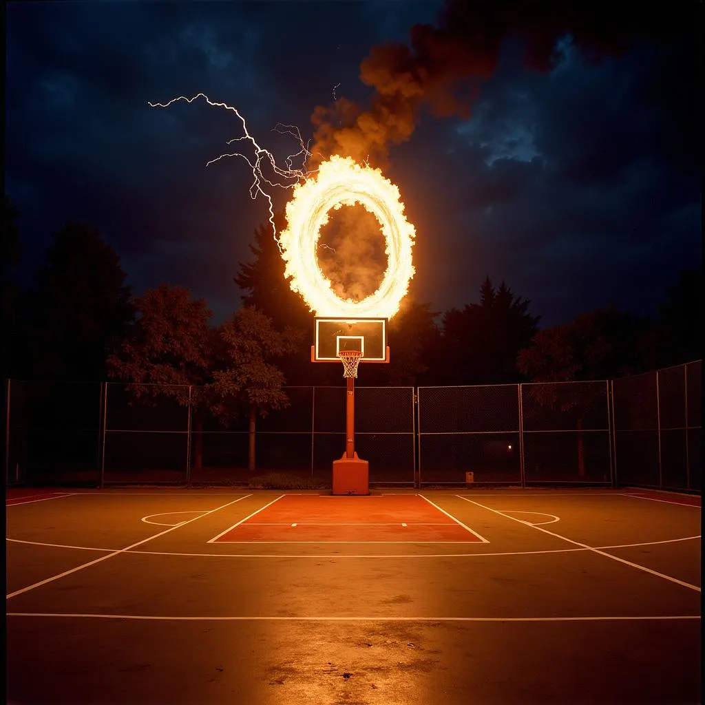 Basketball court illuminated by St. Elmo's fire