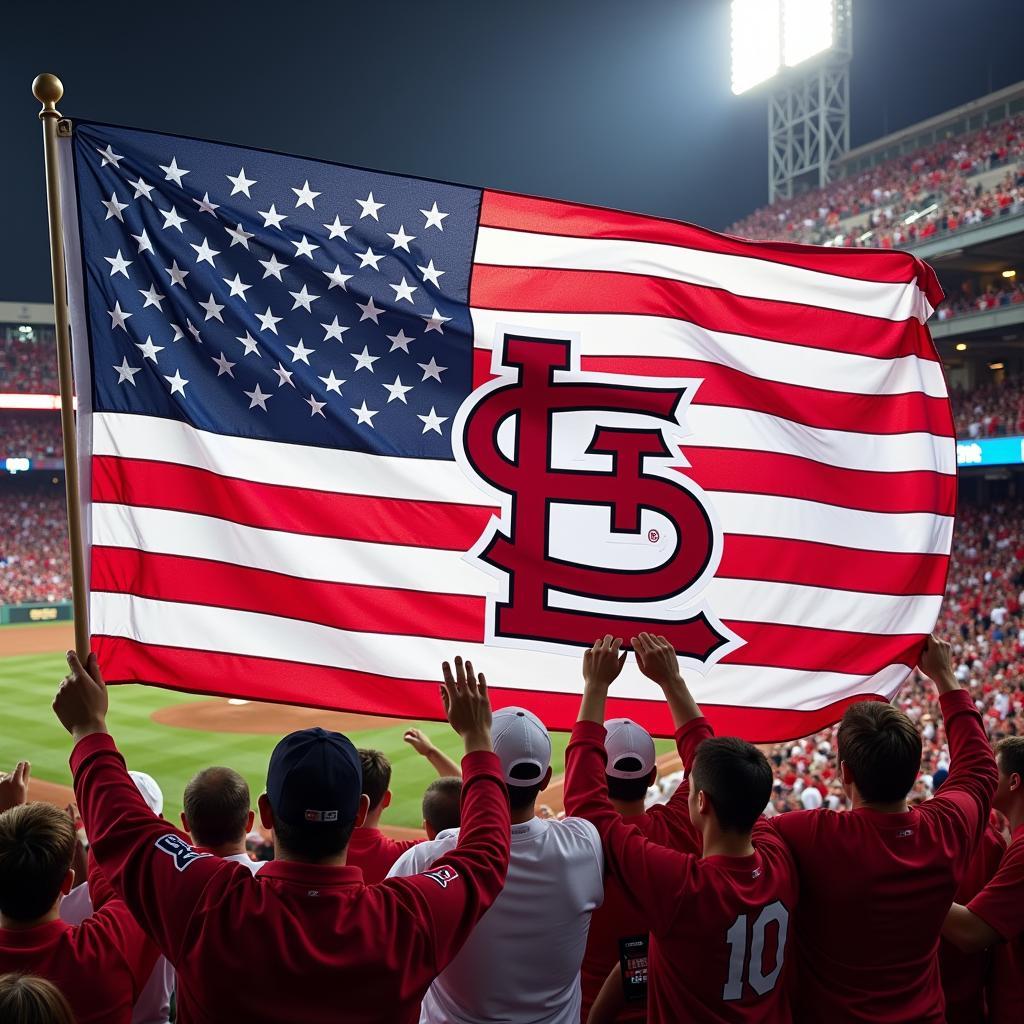 St. Louis Cardinals American flag waving proudly at Busch Stadium during a game.