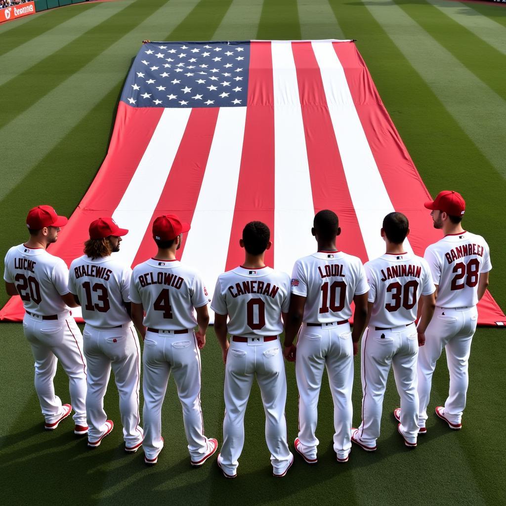 St. Louis Cardinals players line up and salute the American flag during a pre-game ceremony.