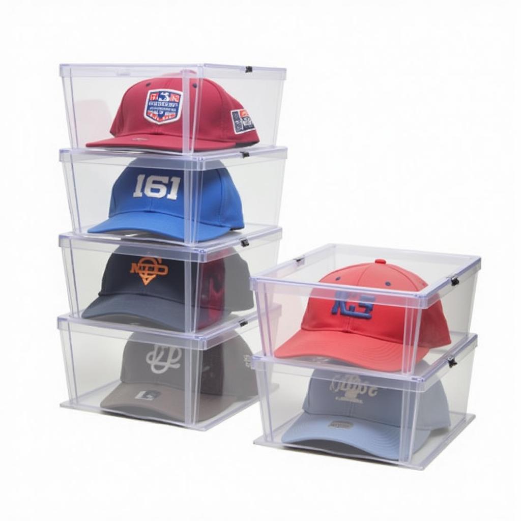 Clear, stackable baseball hat storage boxes