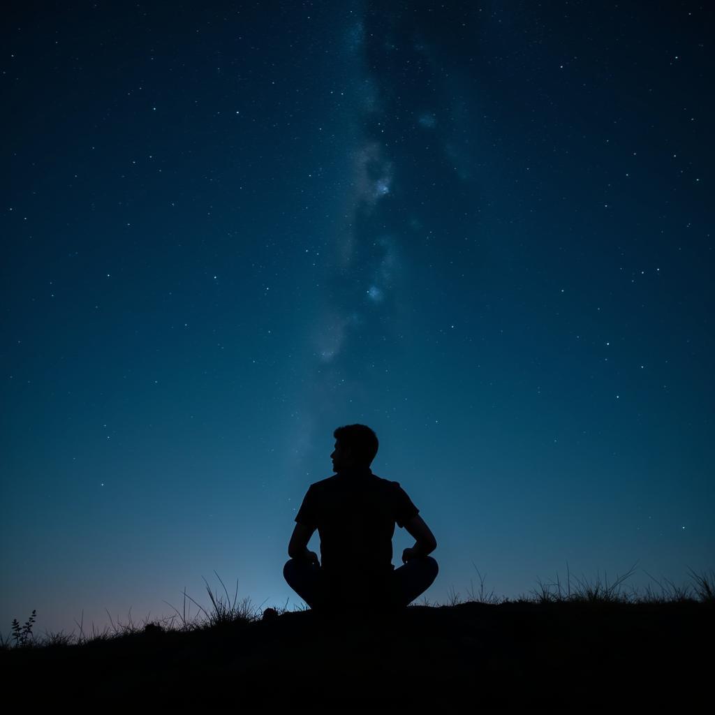 Silhouette of a person stargazing under a starry night sky