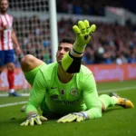 Goalkeeper wearing strapless gloves during a match