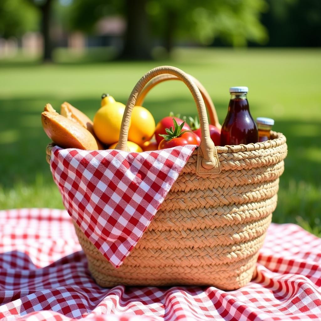 Picnic essentials packed in a straw cooler bag