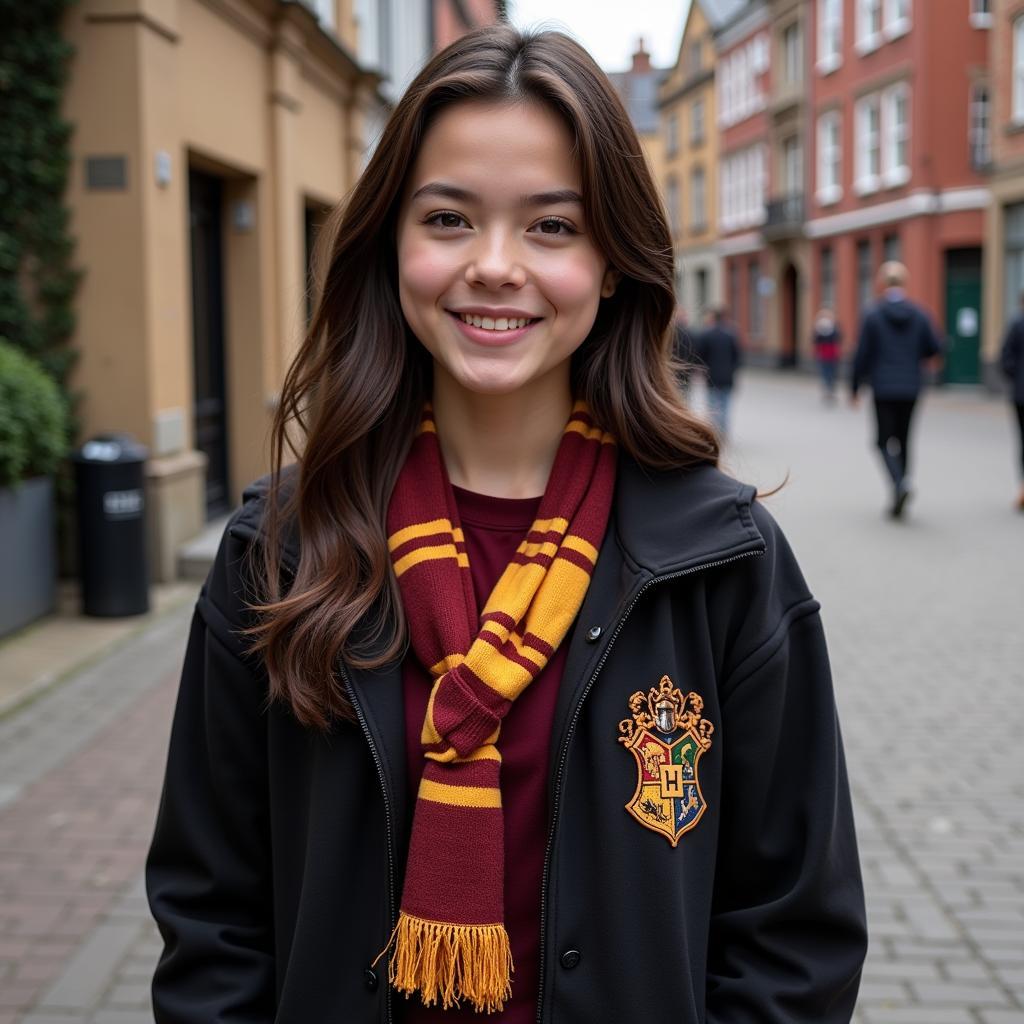 A student confidently wearing a Hogwarts uniform sweater