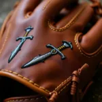 Custom baseball glove with intricate sword embroidery