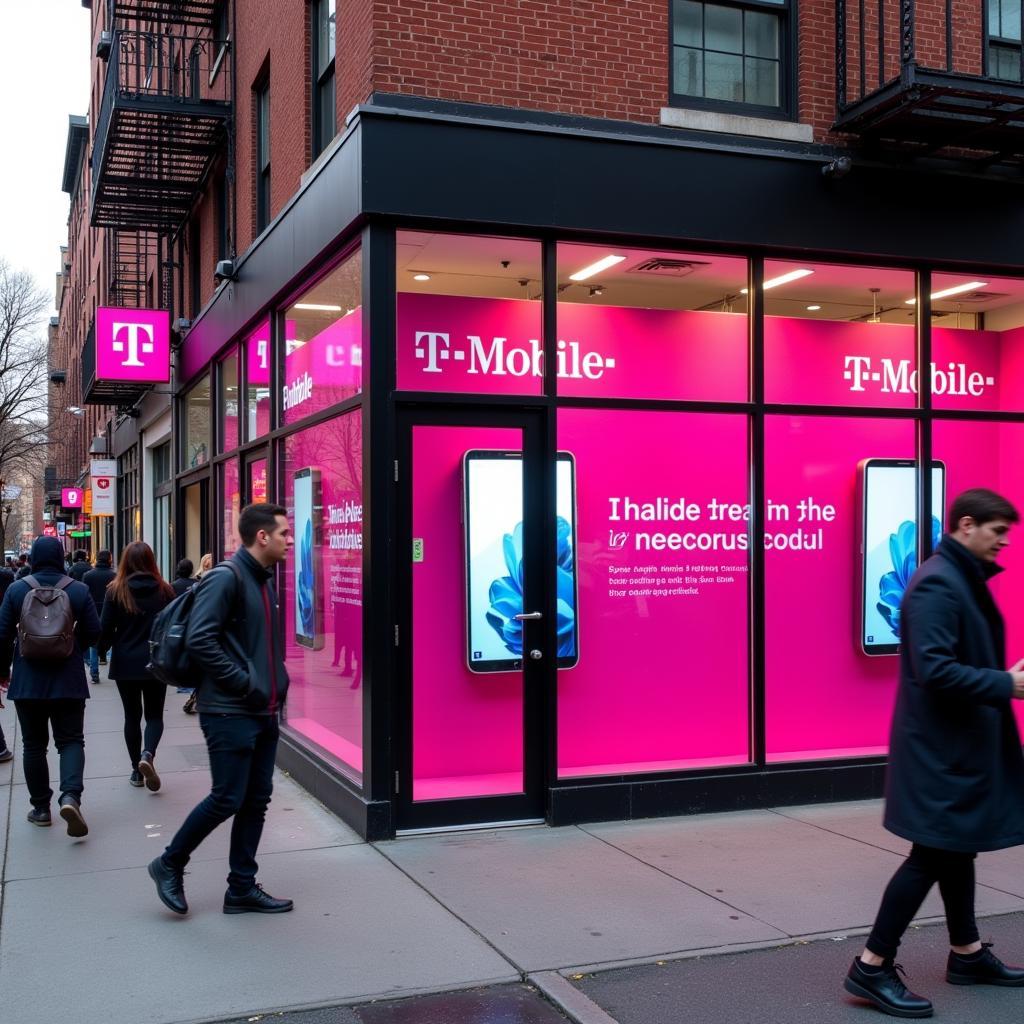 Modern T-Mobile storefront in a busy Bronx shopping district