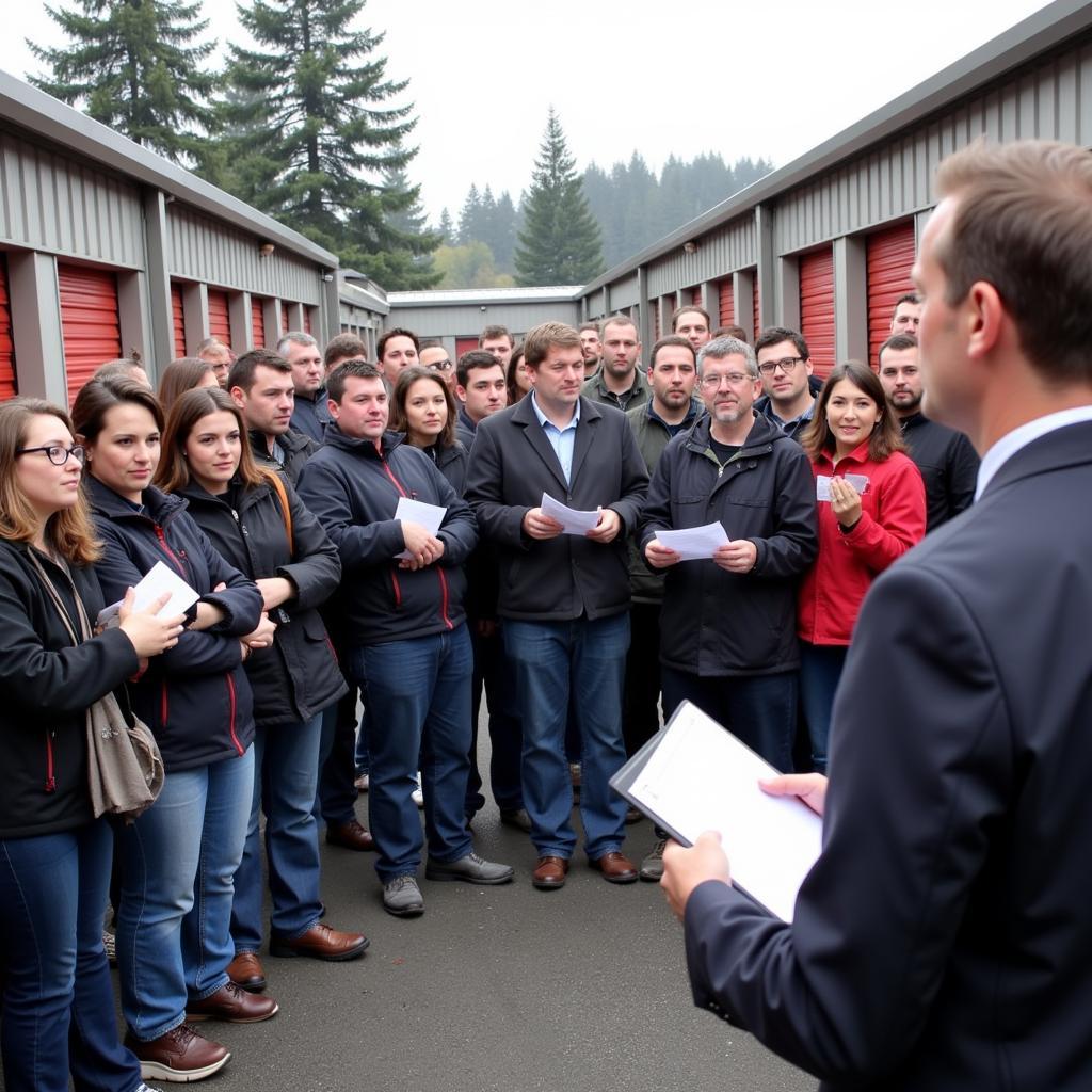 Crowds gather at a storage unit auction in Tacoma