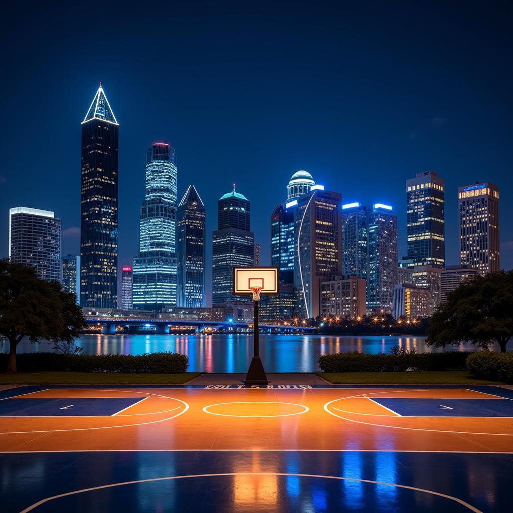 Tampa Skyline at Night with Basketball Court