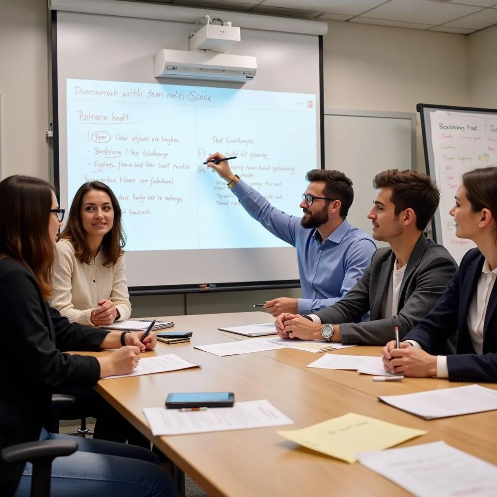 Team members gathered around a table, brainstorming and writing down ideas.