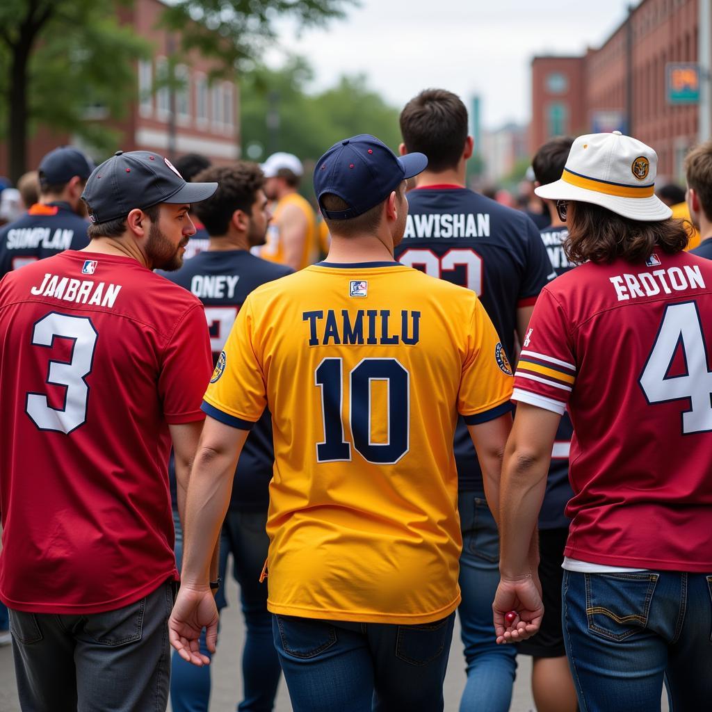 Fans wearing team jerseys and merchandise