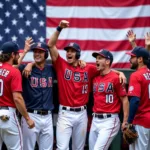 Team USA Baseball players celebrating a victory with the American flag