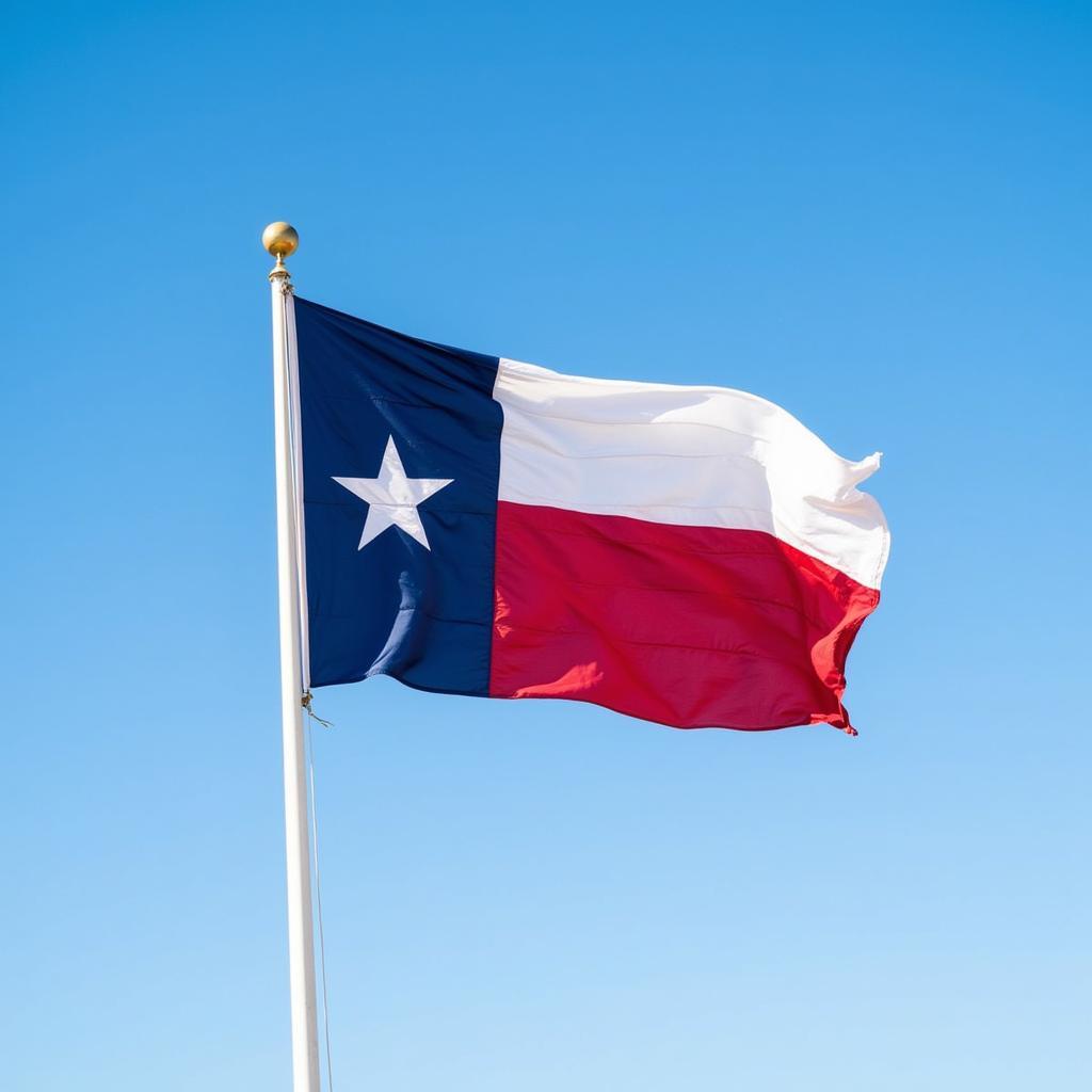 The Texas flag billowing in the wind against a bright blue sky