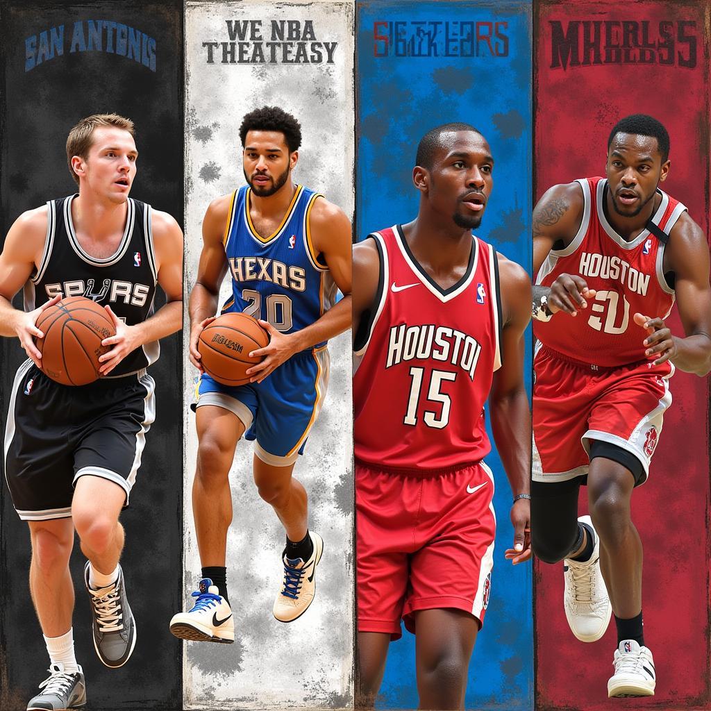 A collage featuring legendary players from the three Texas NBA teams