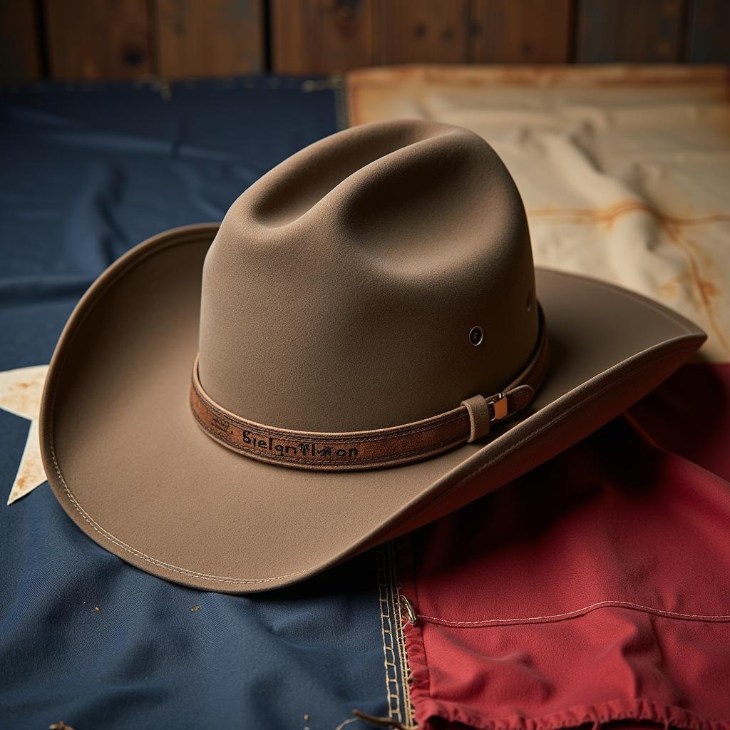 Texas Ranger hat resting on a weathered Texas Flag