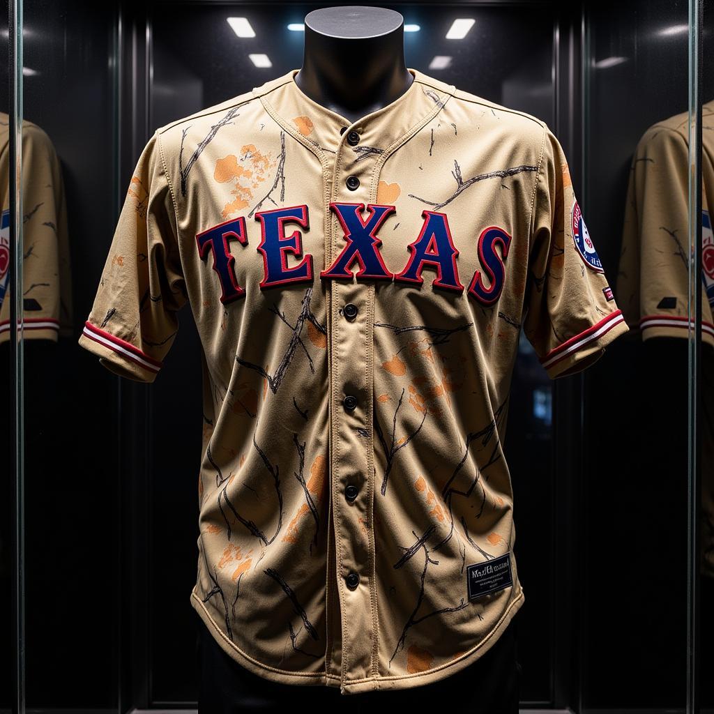 Texas Rangers camo jersey displayed in a glass case.