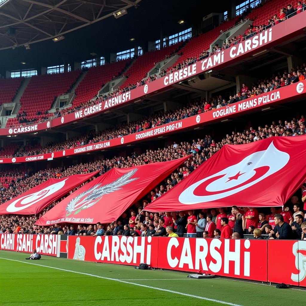 The Çarşı showcasing elaborate banners and flags in the stands