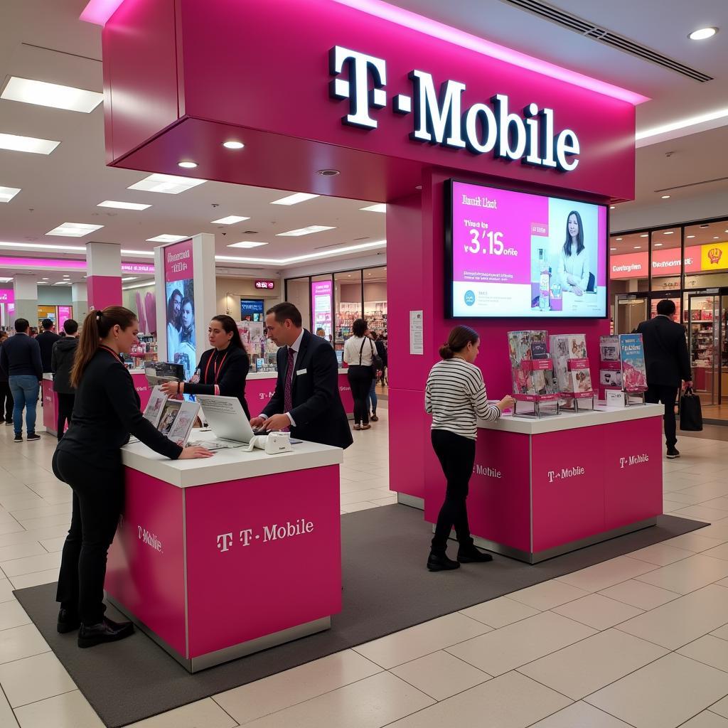 A modern T-Mobile kiosk inside a Bronx shopping mall