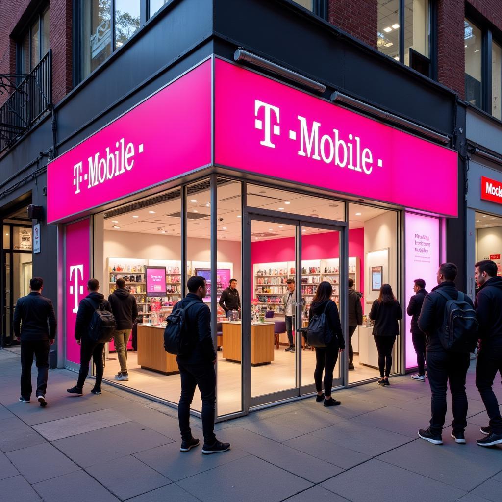 A bustling T-Mobile storefront in the Bronx with customers browsing inside