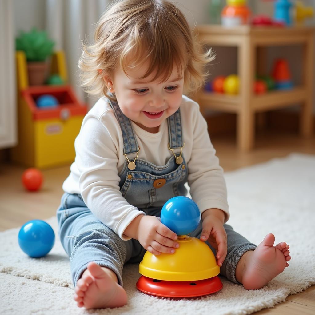 A toddler happily playing with a colorful desk bell