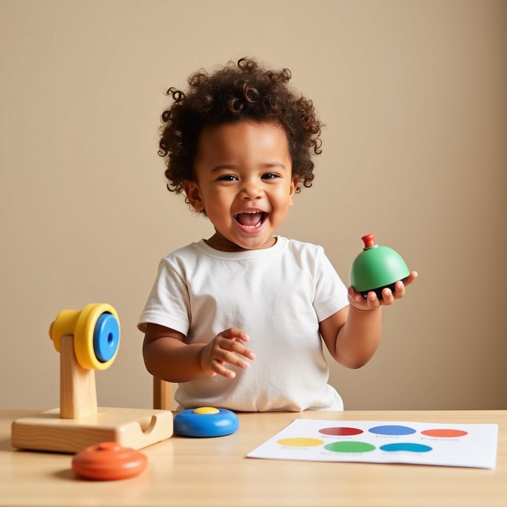 Toddler participating in an educational game with desk bells