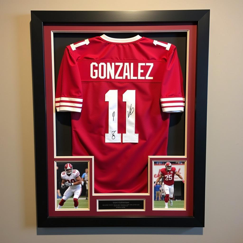 Tony Gonzalez autographed jersey displayed in a frame