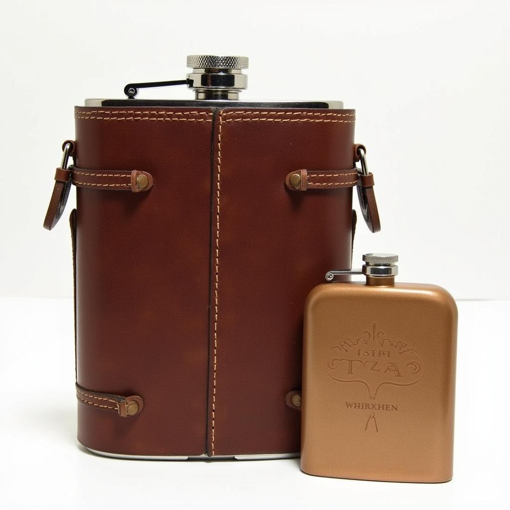 A travel liquor flask nestled in a stylish leather carrying case