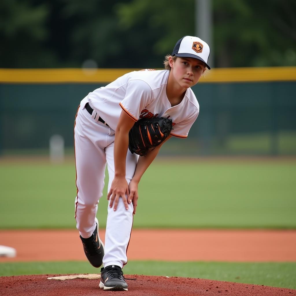 A focused youth baseball pitcher on the mound during a Triple Crown Tournament game.