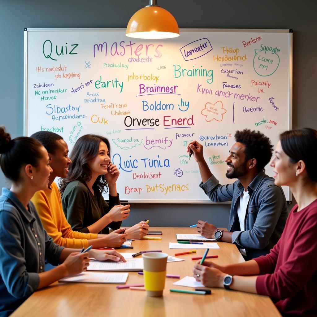 Diverse group brainstorming trivia team names on a whiteboard