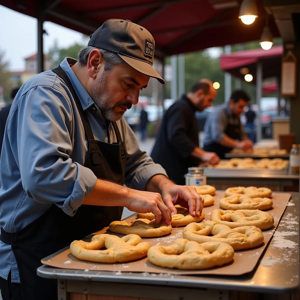 Turkish baker preparing pretzels for a Besiktas match