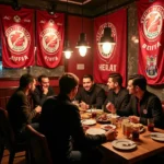 A bustling Turkish restaurant adorned with Besiktas flags and memorabilia