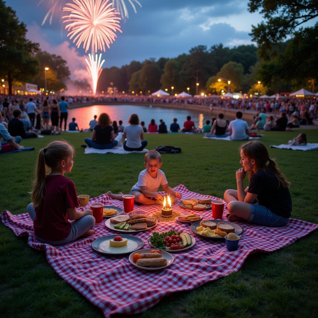 Families enjoying a picnic on a blanket at the Twin Lake fireworks