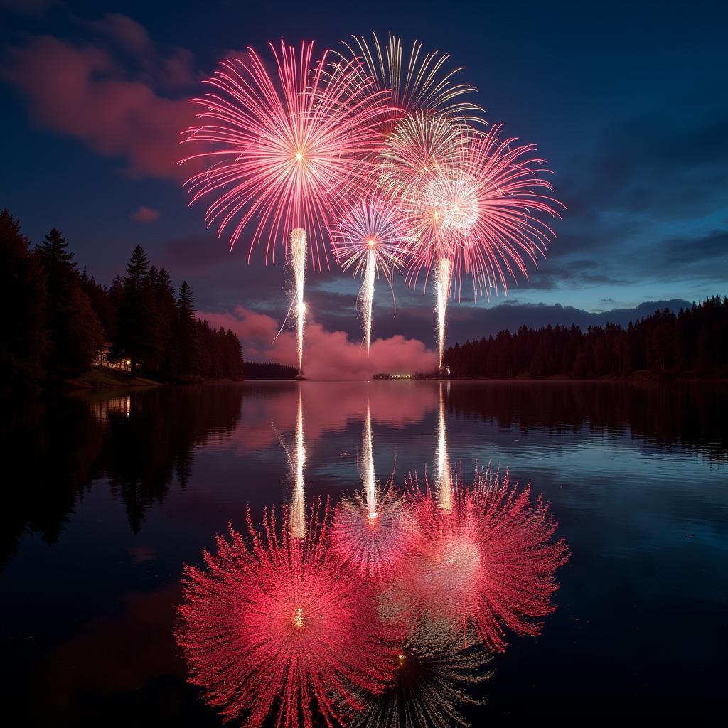 The reflection of the vibrant fireworks illuminating the calm waters of Twin Lake