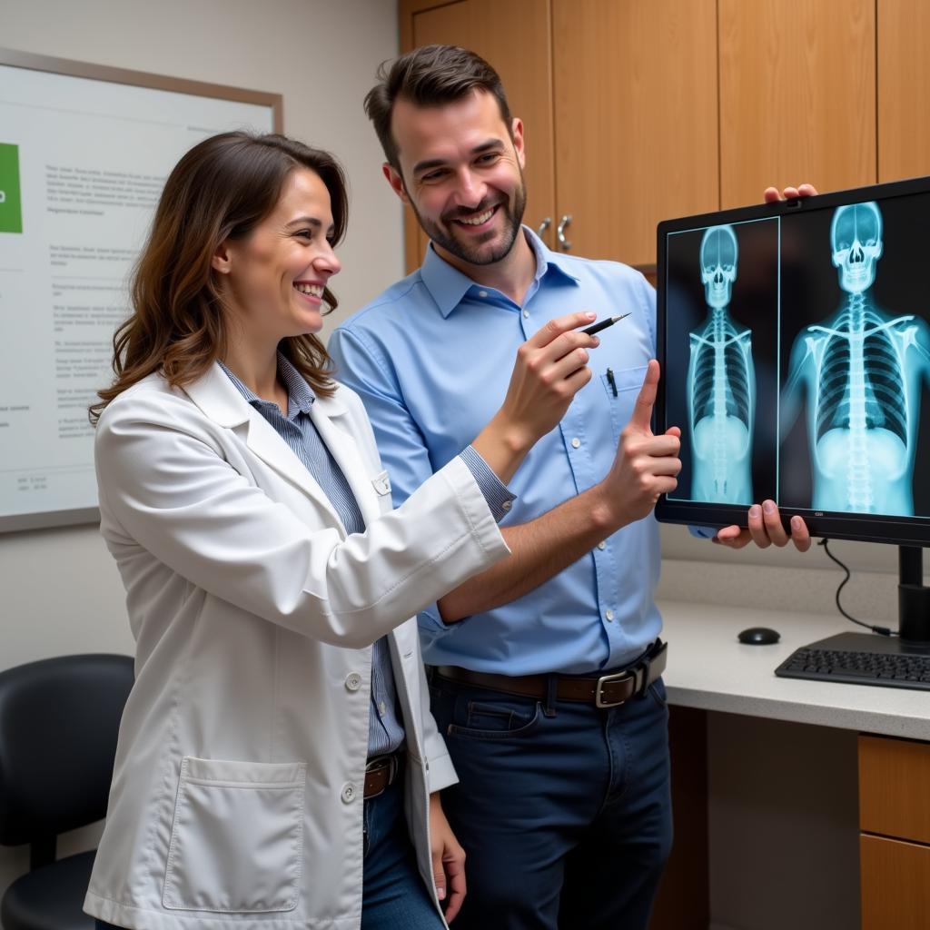 Two chiropractors discussing a patient's x-ray in a modern office.