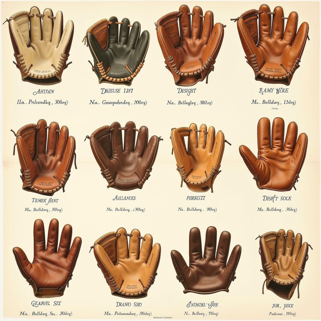 A collection of vintage baseball gloves showcasing different eras and styles