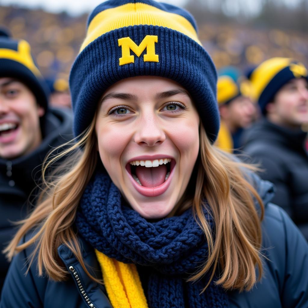 U of M Classic Cuffed Beanie: A student wearing a classic maize and blue cuffed beanie with the block M logo while cheering at a Michigan football game.