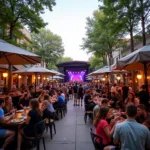 Concert-goers enjoying food and drinks at U Village