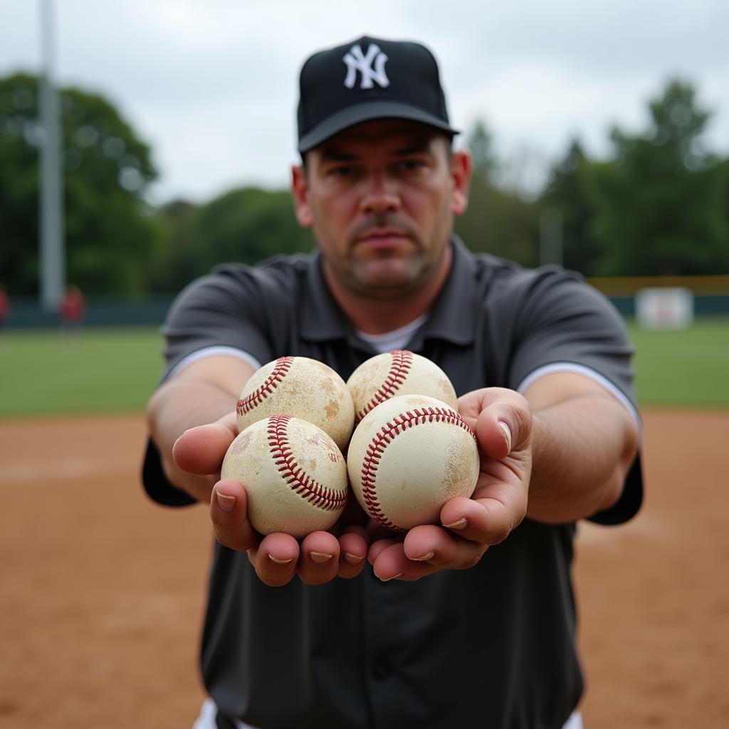 An umpire holding a handful of baseballs