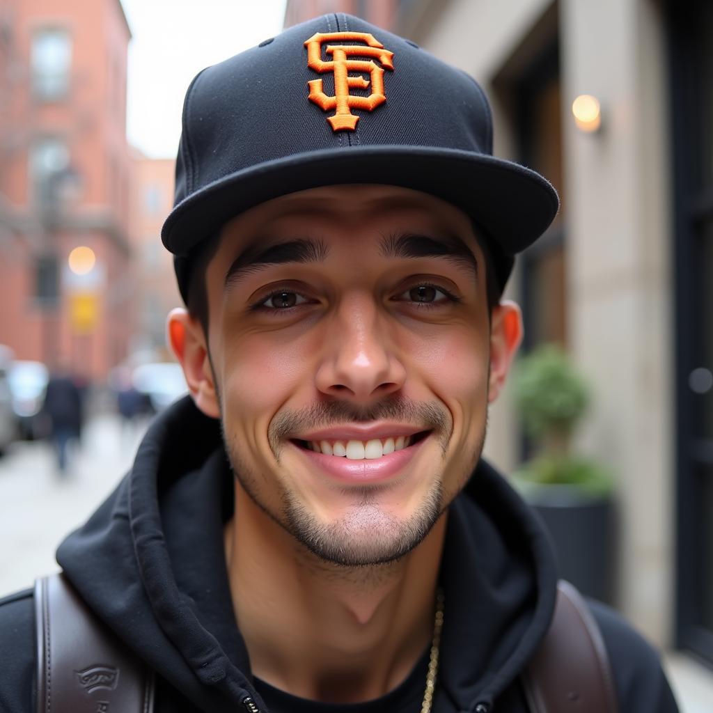 Man wearing an upside down SF Giants hat