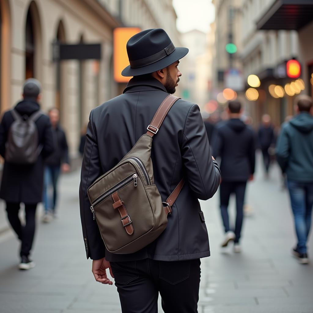 A person wearing a stylish sling bag while navigating a bustling city street