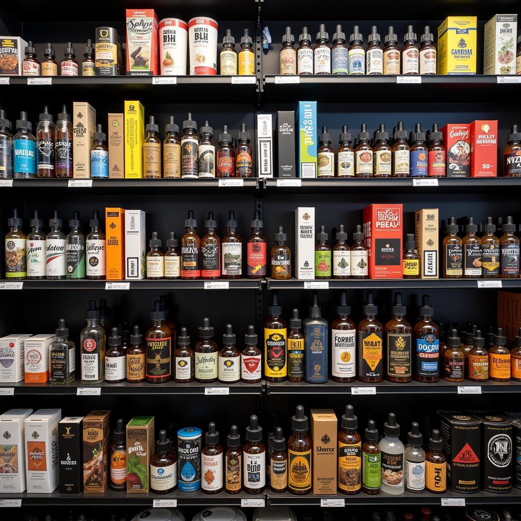 Vape shop shelves stocked with various brands